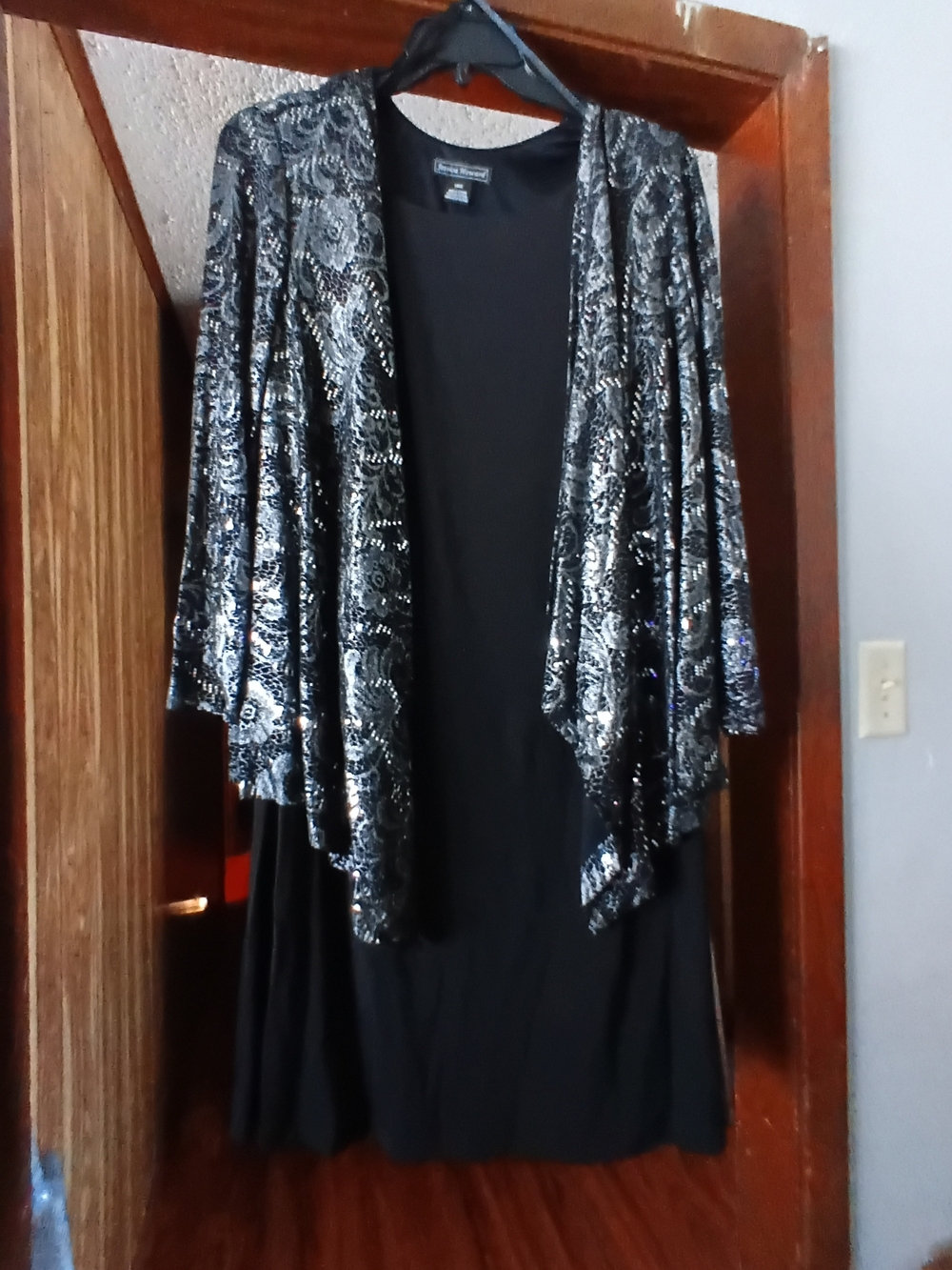 Jessica Howard Black Cardigan with Silver Sequin Paisley Overlay